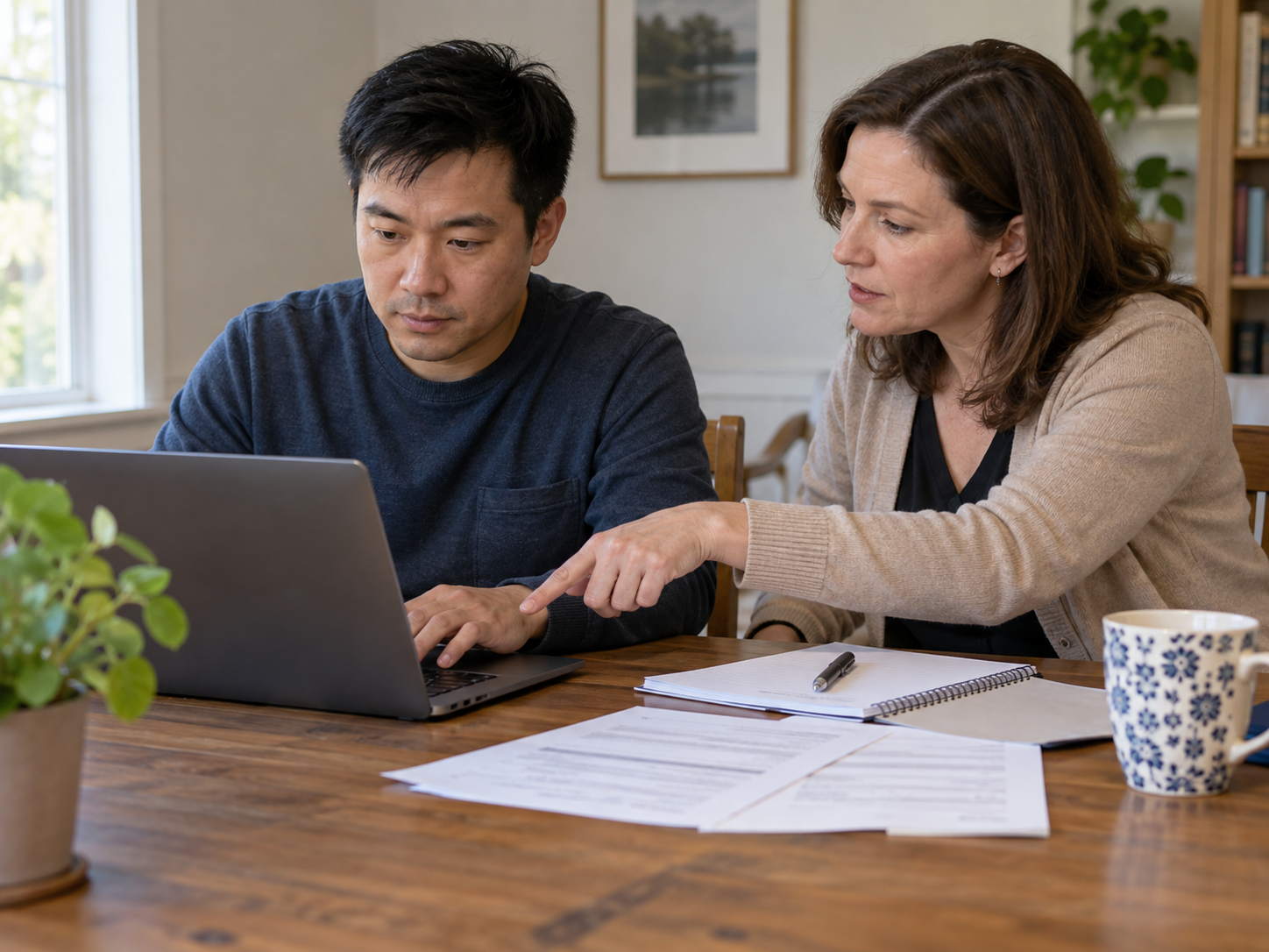 A woman and a man looking at a laptop, with the woman pointing at the screen, sitting at a wooden table with papers, a notebook, a pen, and a cup, in a bright room with a window and a plant.