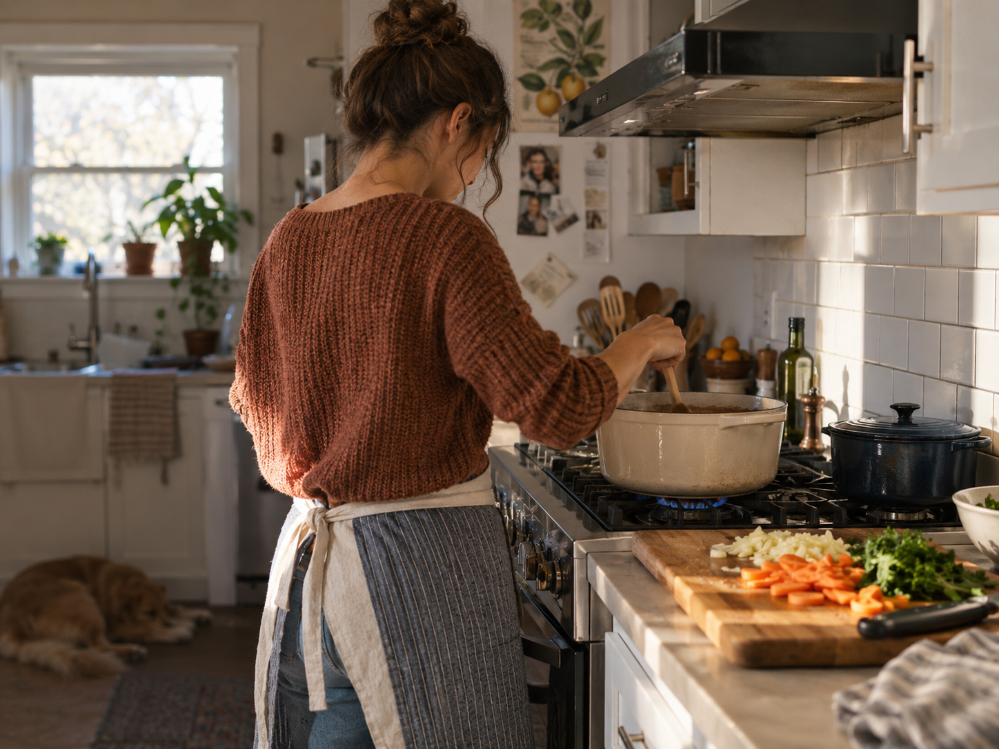 A woman in a cozy kitchen cooking on a gas stove surrounded by vegetables and kitchen utensils, with a dog lying on a rug in the background.