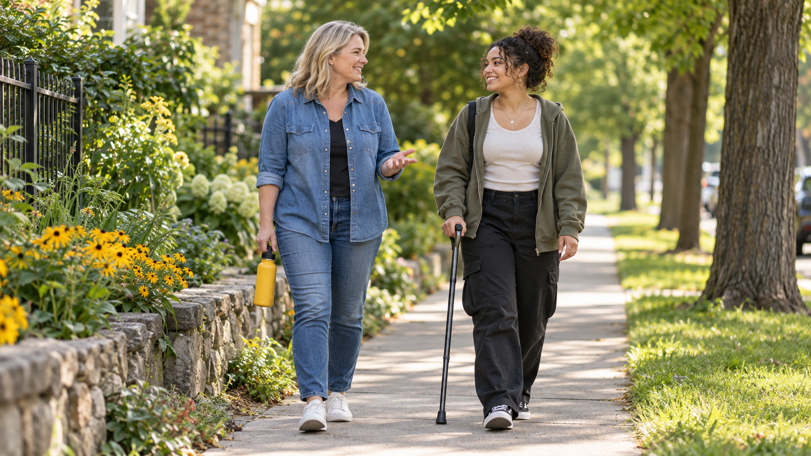 Two women walking on a sidewalk in a park-like setting, one with a cane and the other carrying a water bottle, engaged in conversation and smiling.