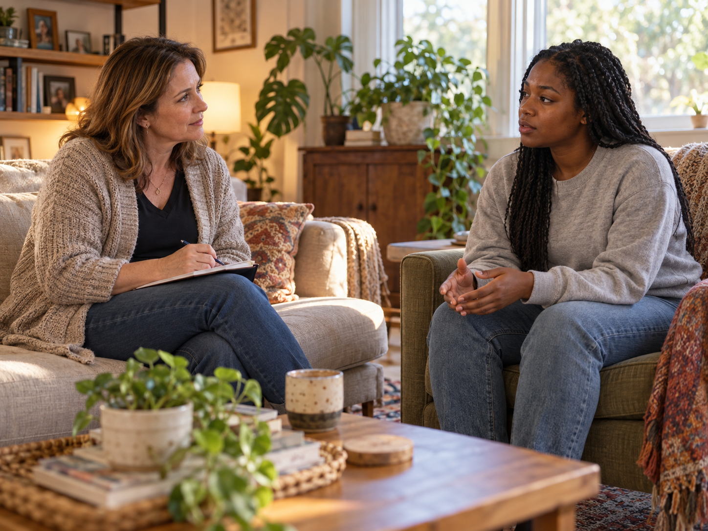 Two women having a conversation in a living room, one taking notes and the other speaking.