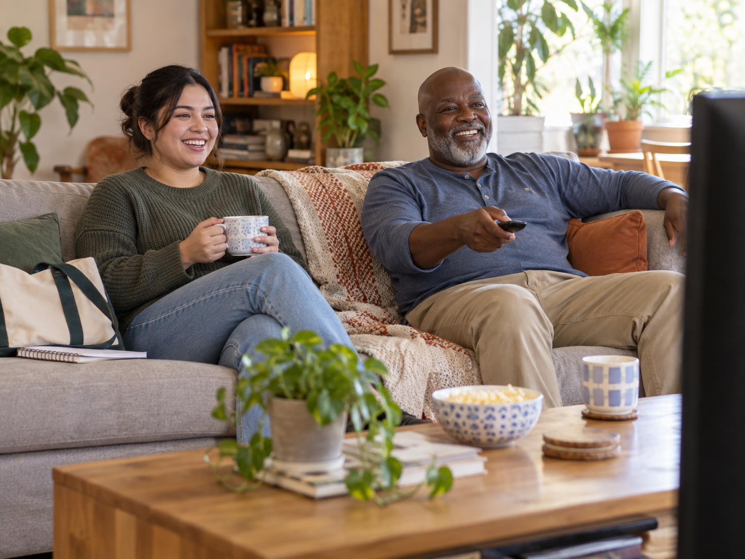 A young woman and an older man are sitting on a beige couch, watching TV and smiling. The woman is holding a mug, and the man is holding a remote control. They are in a cozy living room with plants, books, and warm lighting.