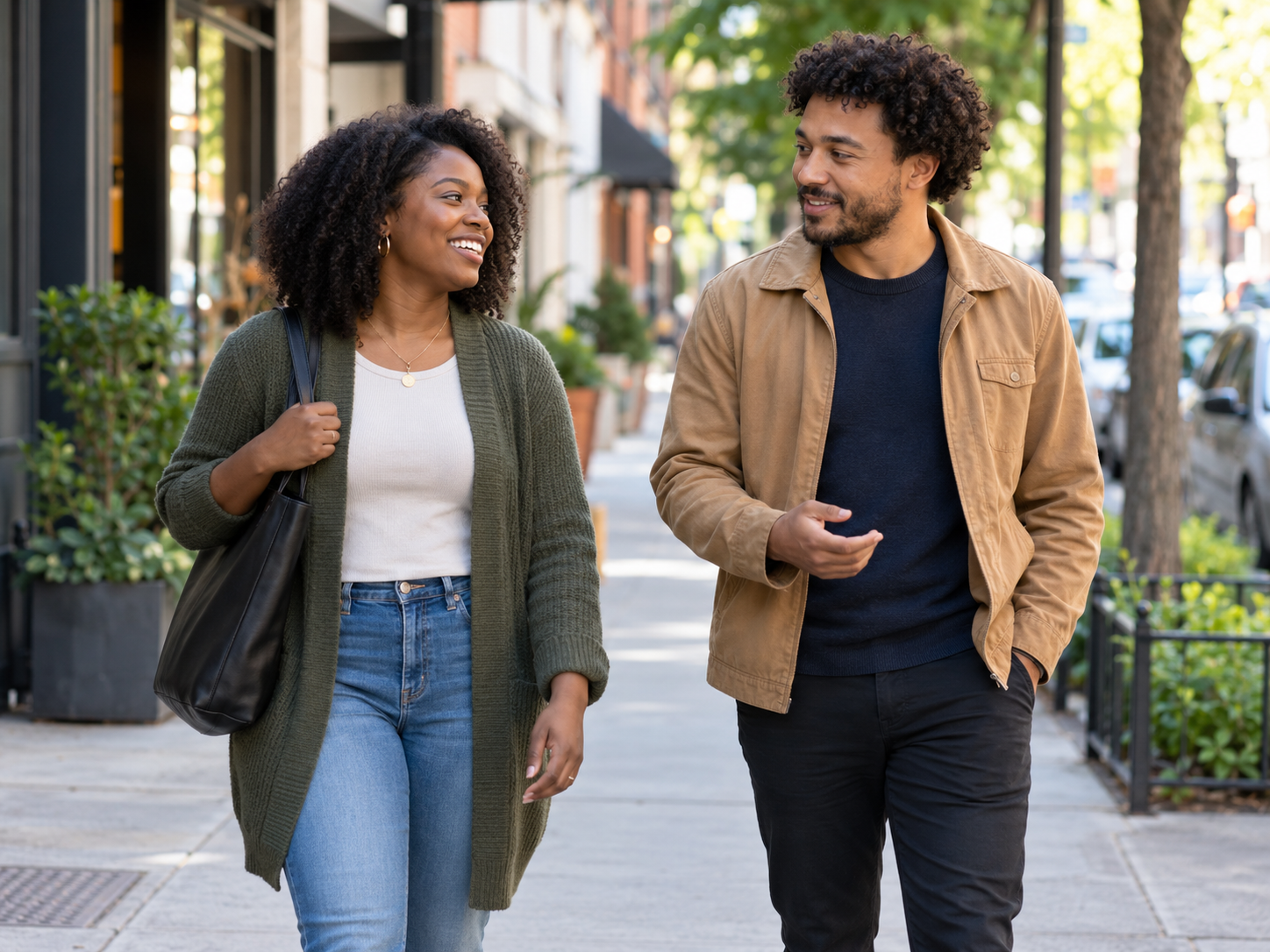 A man and woman walking and talking on a city sidewalk during daytime, smiling and making eye contact.