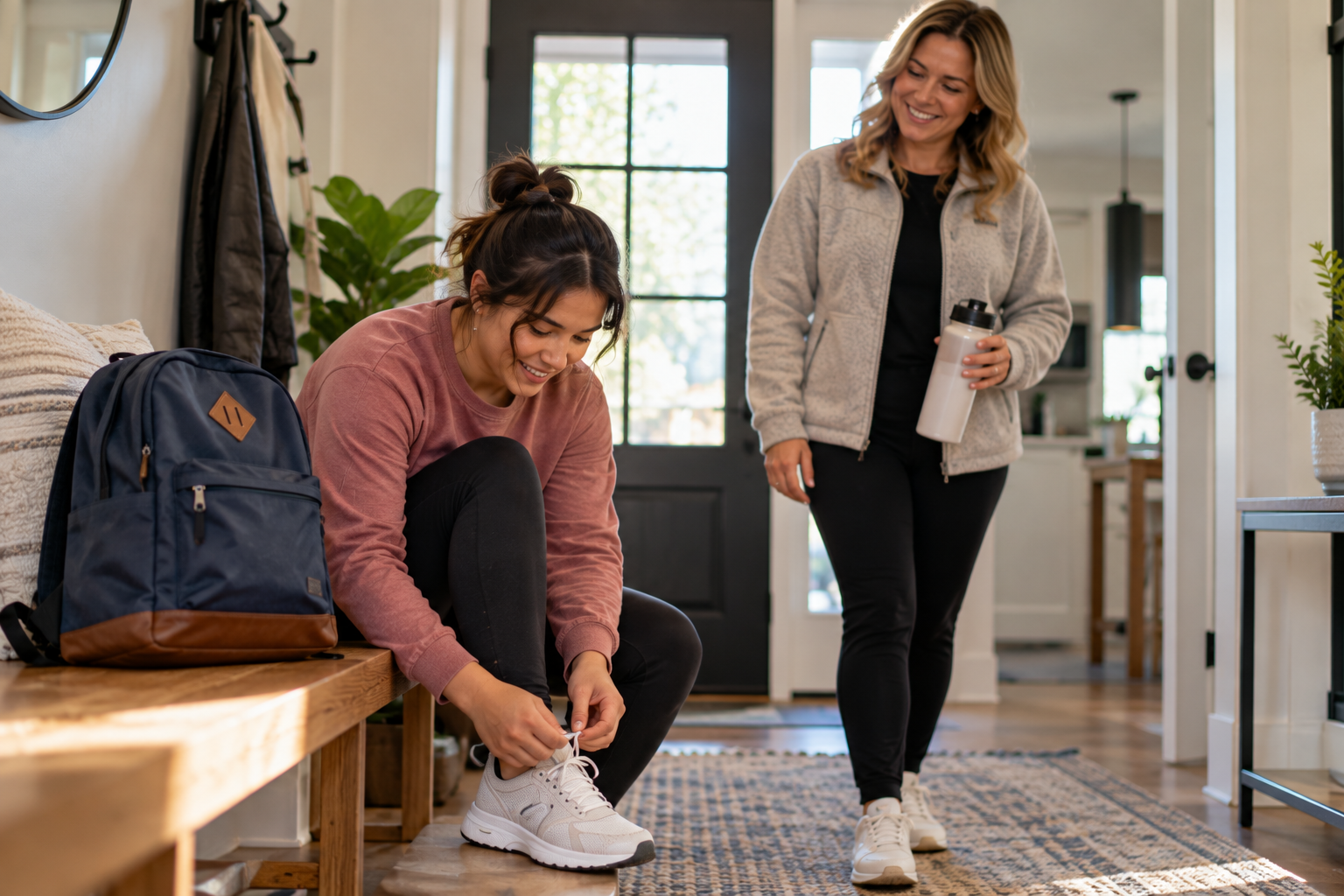 Two women preparing for outdoor exercise in a cozy home. One is sitting on a wooden bench tying her shoelaces, while the other stands nearby holding a water bottle and smiling. There is a blue and brown backpack on the bench.