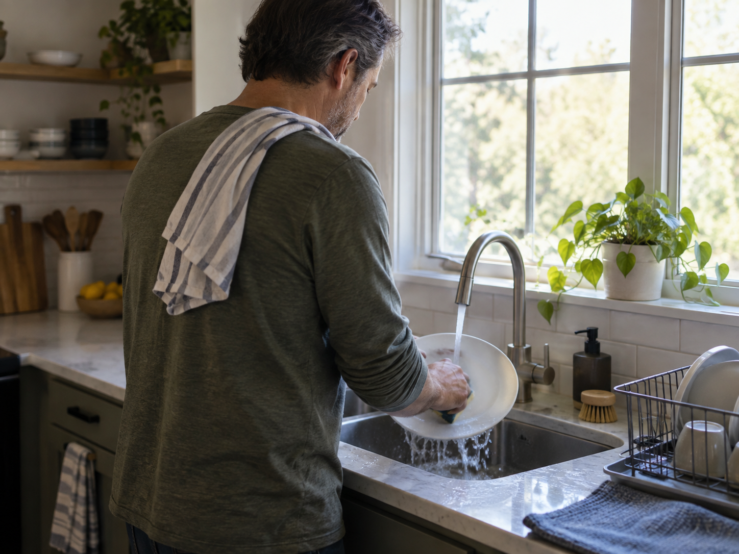 A man washing dishes in a kitchen by the window, with a striped towel over his shoulder and a green plant on the windowsill.