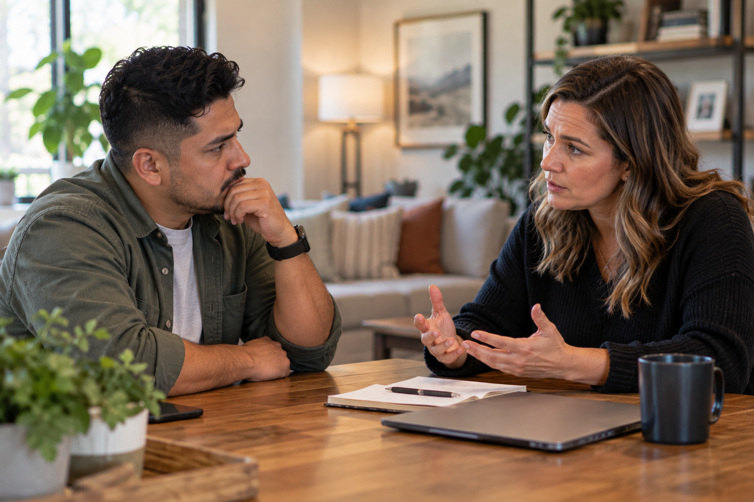 A woman and a man having a serious conversation at a wooden table in a cozy living room, with notebooks, a laptop, and a coffee mug on the table.