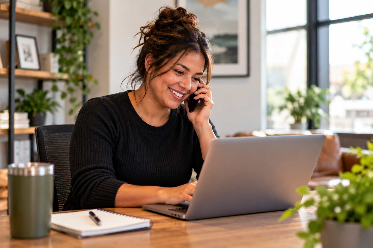 A woman sitting at a desk using a laptop and talking on the phone in a cozy, well-lit office space with plants and framed artwork.