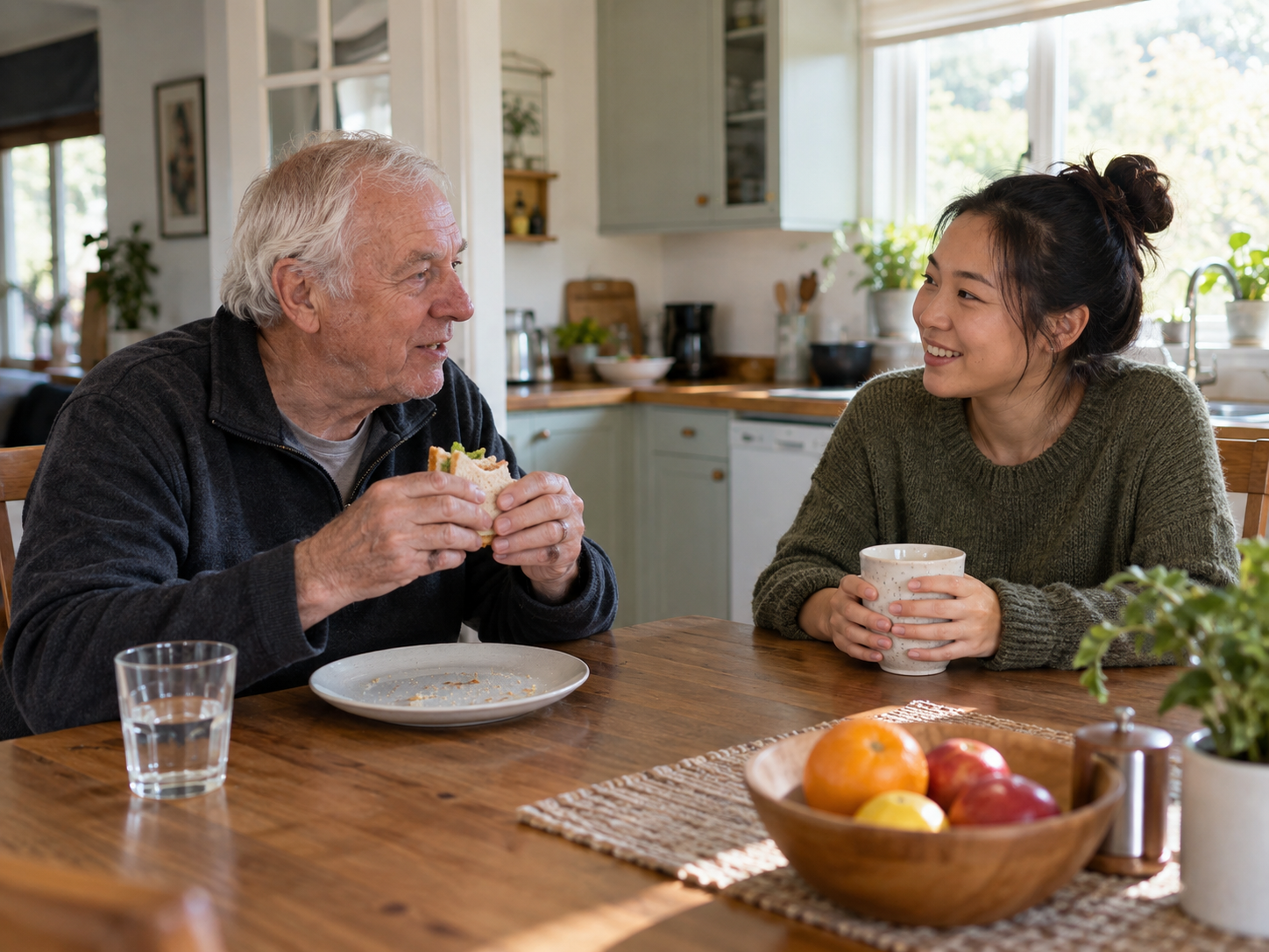 An elderly man and a young woman are sitting at a wooden table in a bright, cozy kitchen, smiling and talking. The man is holding a sandwich, and the woman is holding a mug. There is a bowl of fruit on the table.