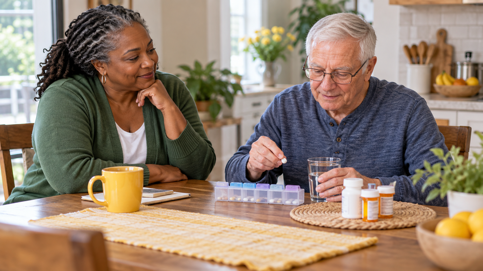 An elderly man and a middle-aged woman sitting at a wooden dining table, with medication bottles, a glass of water, a yellow coffee mug, and pill organizers in front of them, in a bright kitchen.