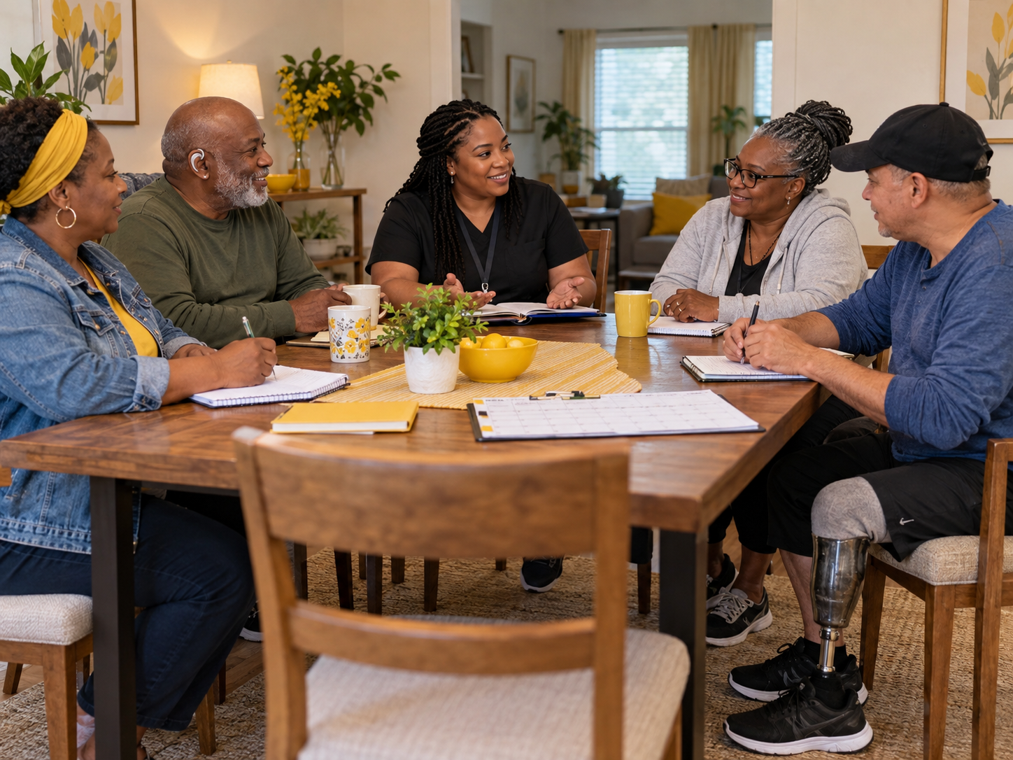 Group of six diverse adults seated around a wooden table engaged in discussion, with notebooks, pens, mugs, a potted plant, and a yellow bowl on the table, in a cozy living room with shelves, curtains, and artwork.