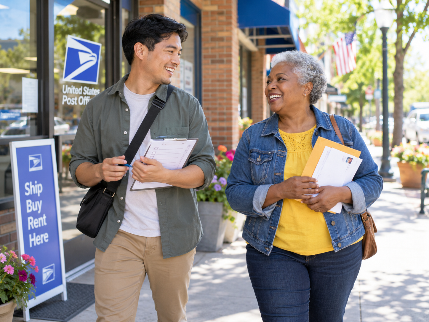 Two people, a young man and an older woman, are smiling and talking outside a United States Post Office. The man is holding a clipboard and a pen, and the woman is holding envelopes. The background shows a sidewalk, storefront, and American flags.