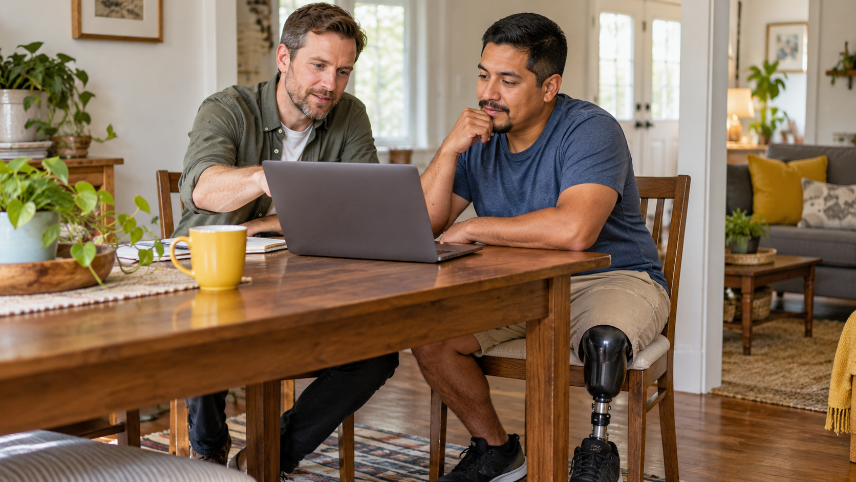 Two men are sitting at a wooden dining table, looking at a laptop together in a bright, cozy home. One man has a prosthetic leg. The room has plants, books, and yellow accent pillows in the background.