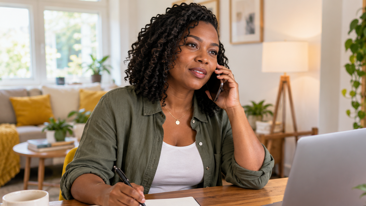Woman working at home, talking on the phone, sitting at a desk with a laptop, in a cozy, well-lit living room.