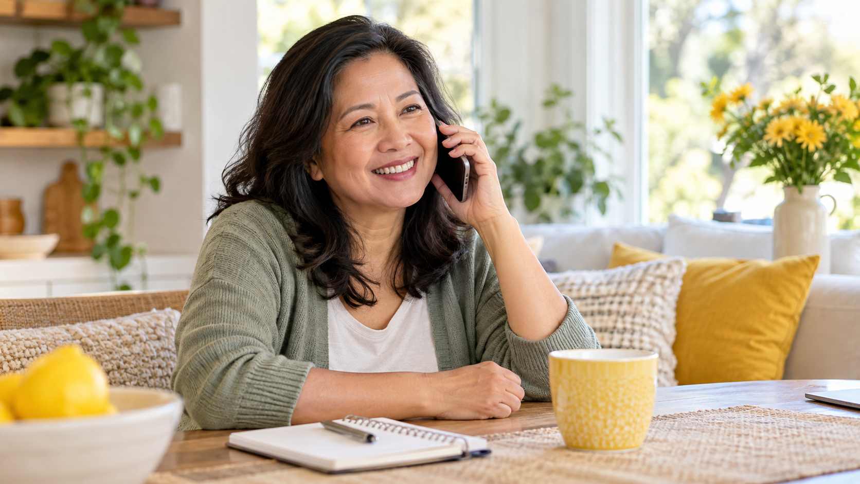 A middle-aged woman with dark hair smiling and talking on her phone while sitting at a wooden table in a bright, cozy living room with yellow flowers and green plants in the background.