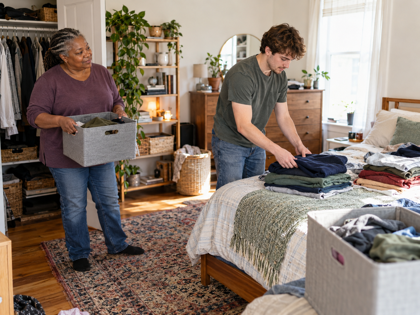A woman and a young man are folding and organizing clothes in a bedroom. The woman is holding a gray storage bin and looks at the young man, who is folding a navy blue shirt on the bed. The bed has stacks of folded clothes and a patterned bedspread. The room has a dresser, a mirror, and potted plants, with sunlight coming through a window.