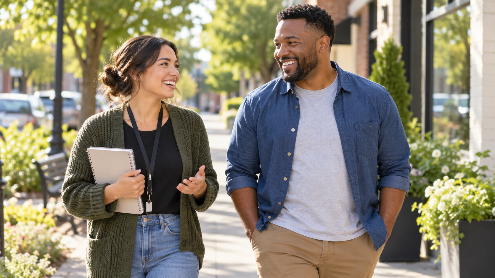 A young woman and a young man are walking and talking outdoors on a sunny day, smiling at each other. The woman is holding a notebook, wearing a green cardigan and jeans, while the man is wearing a denim shirt over a gray t-shirt and khaki pants. There are trees and buildings in the background.