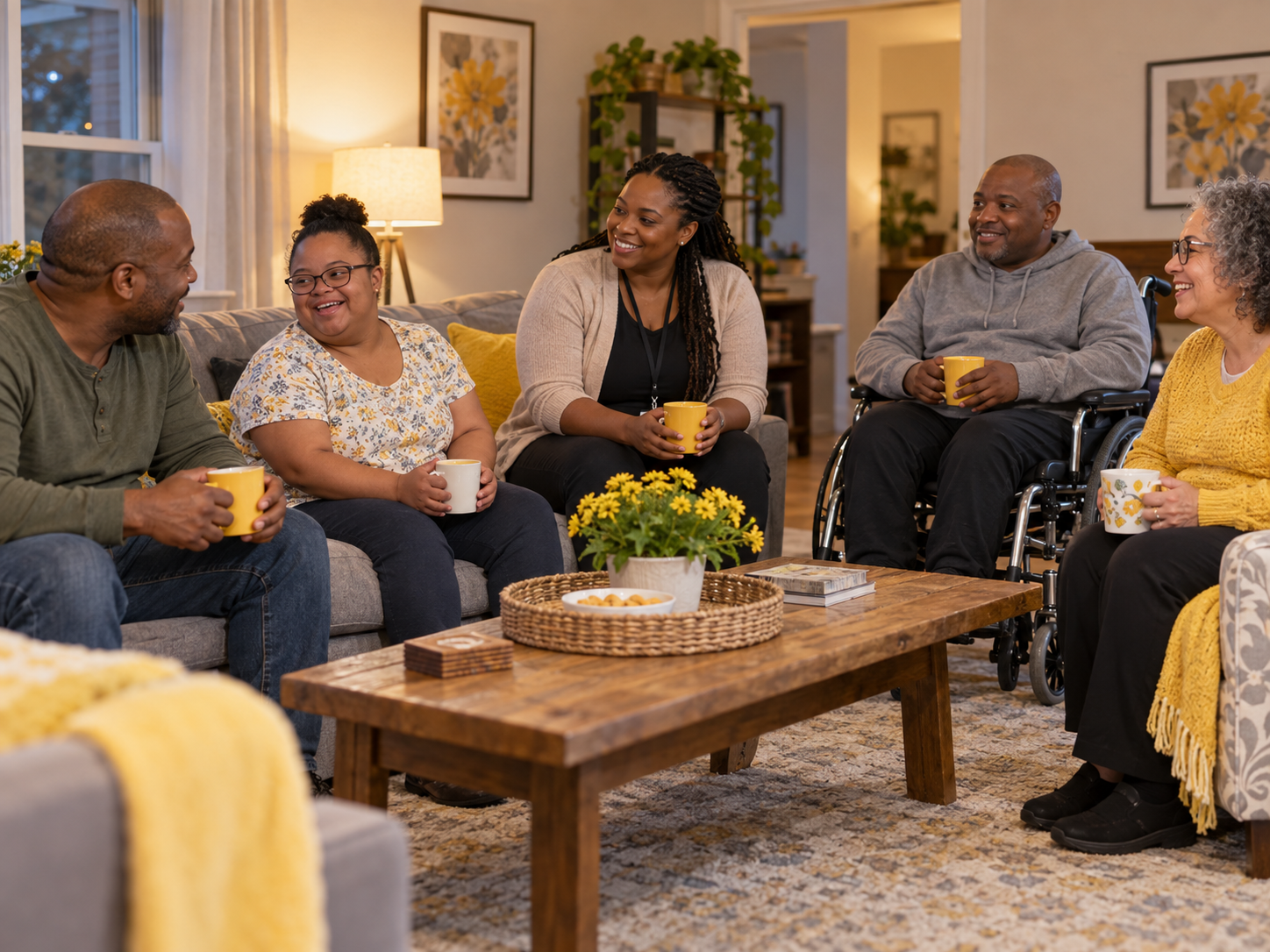 Group of six people sitting on a sofa and chairs in a living room, having a conversation, holding mugs, with a coffee table and yellow flowers in the foreground.