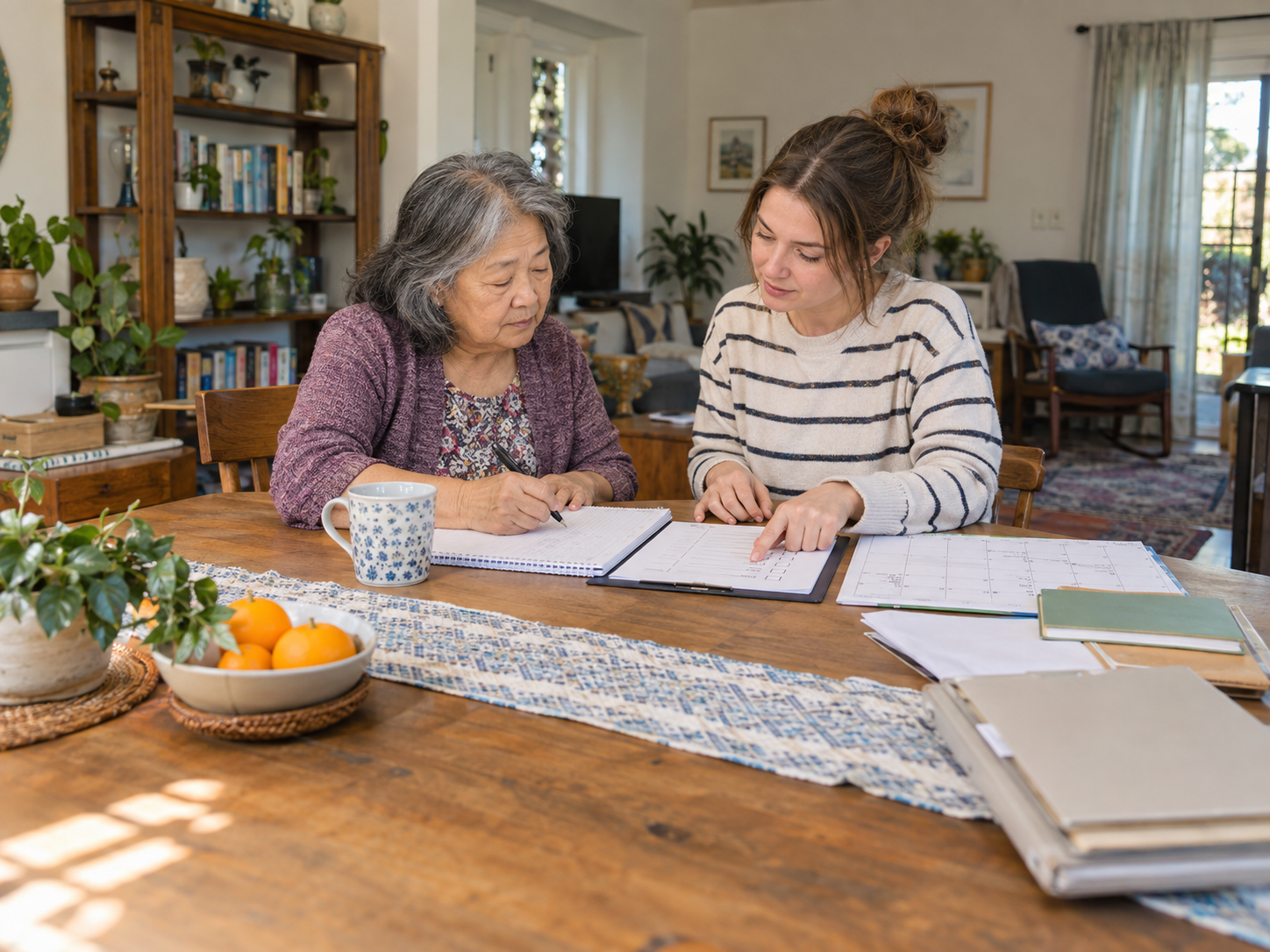 A young woman and an older woman sit at a wooden table, working together with notebooks and calendars, in a cozy, well-lit living room with bookshelves, plants, and artwork.