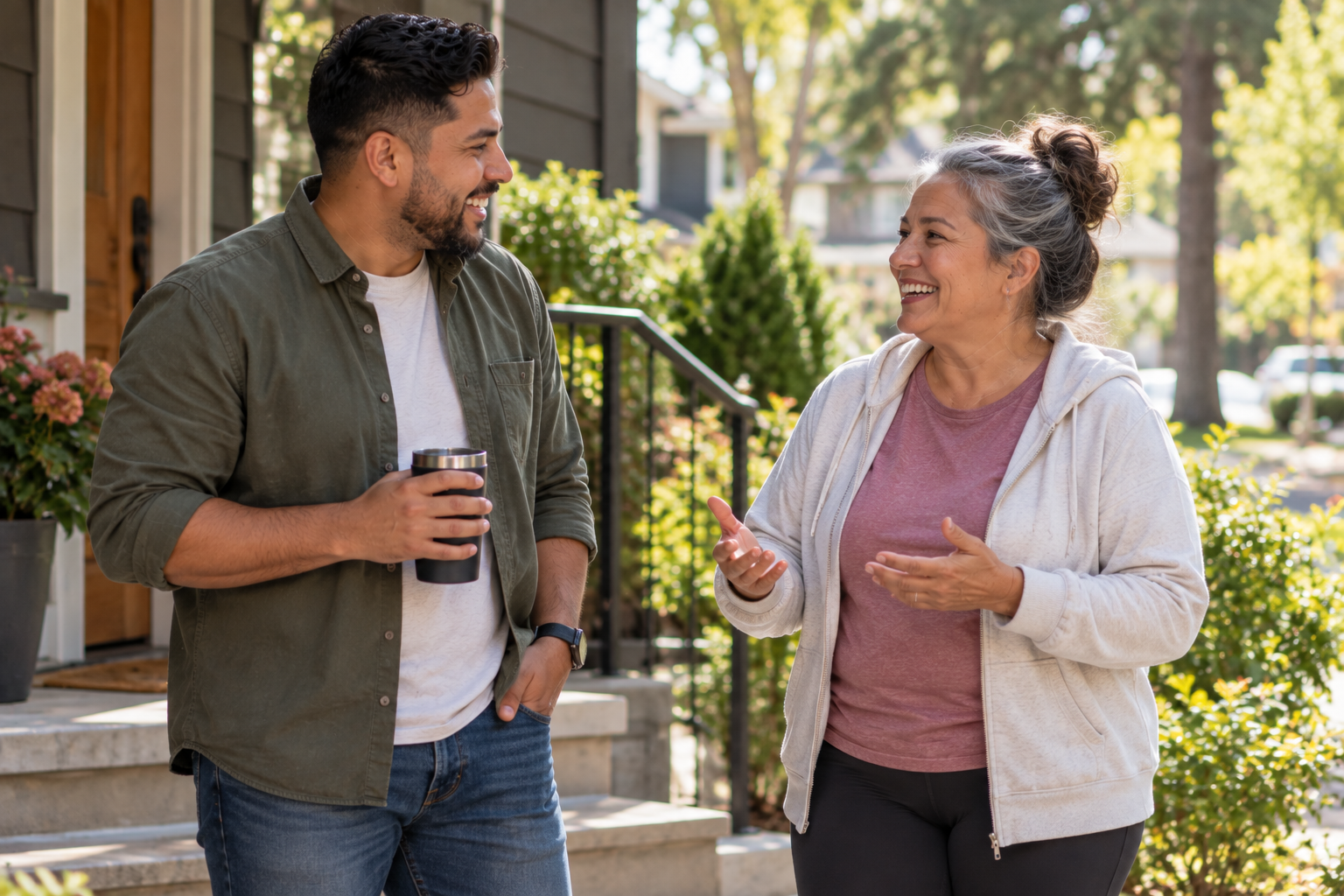 A young man holding a coffee mug and an older woman smiling and talking outdoors on a porch with greenery in the background.