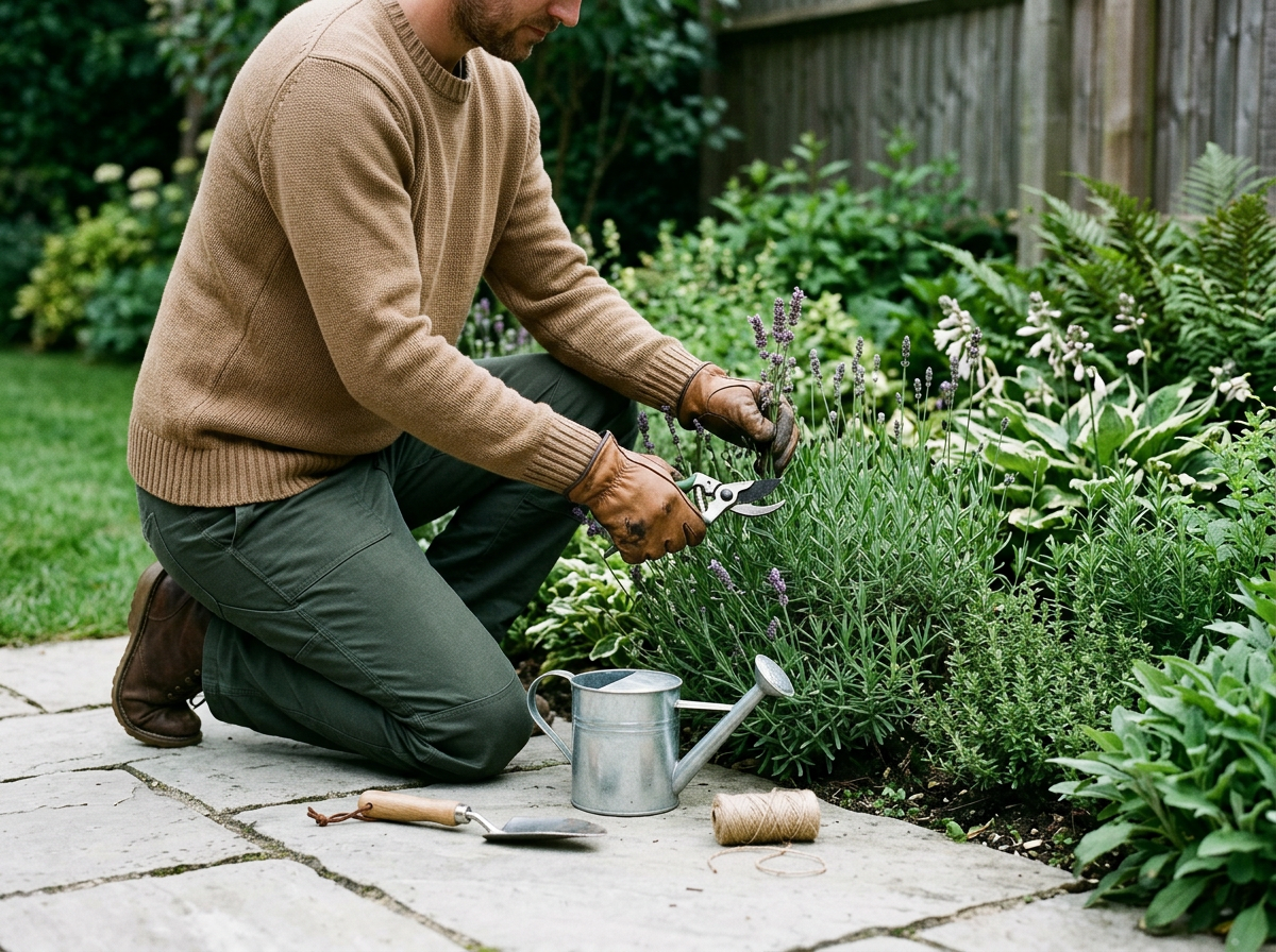 Une personne en vêtements marron et vert, portant des gants en cuir, coupe des plantes dans un jardin avec des outils de jardinage posés sur la terrasse en pierre.