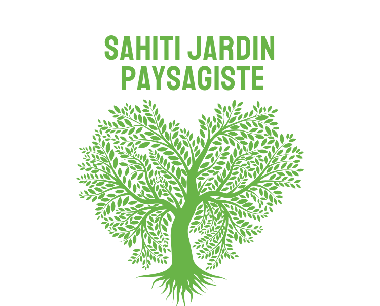 Arbre vert avec le texte "Sahiti Jardin Paysagiste" en haut, sur un fond noir.