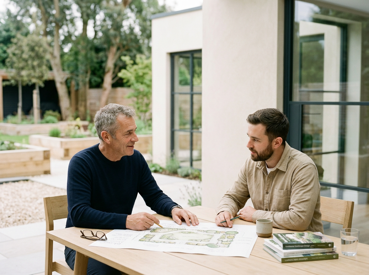 Deux hommes discutent autour d'une table avec des plans architecturaux, dans un espace moderne avec vue sur un jardin.