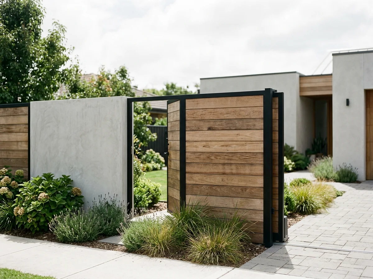 Une entrée de jardin avec un portail en bois et cadre en métal noir, entouré de plantes et de haies dans un quartier résidentiel moderne.