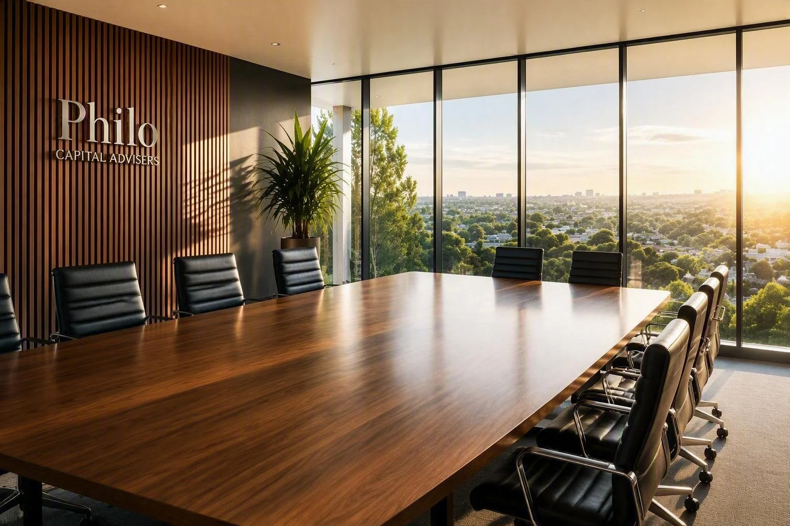 A modern conference room with a large wooden table, black leather chairs, and floor-to-ceiling windows showing a cityscape at sunset. There is a wooden accent wall with the sign 'Philo Capital Advisers' and a large potted plant.