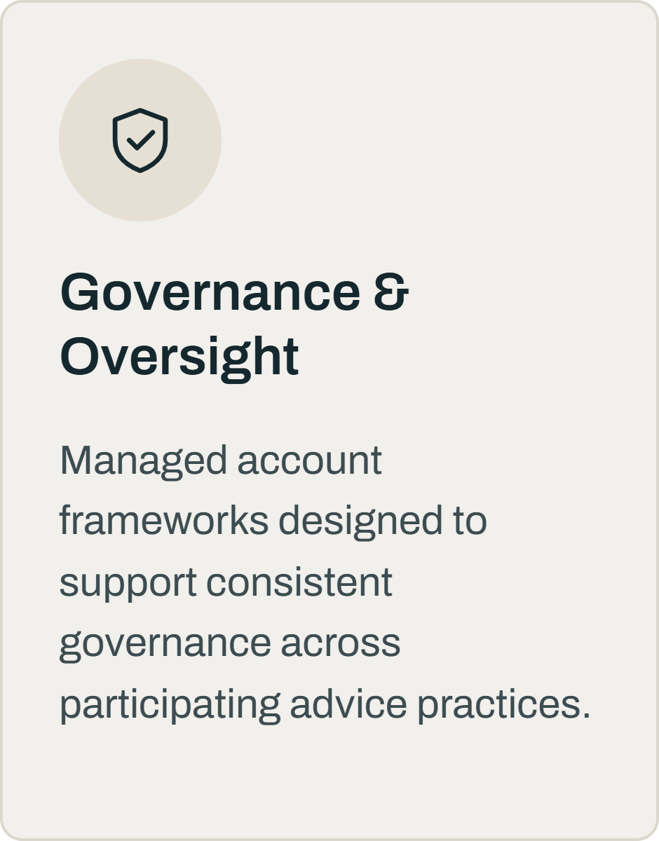 A mobile app screen displaying a section titled 'Governance & Oversight' with a shield icon featuring a checkmark. The description mentions managed account frameworks supporting consistent governance across advice practices.