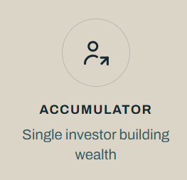 Graphic with a person icon and an upward arrow, labeled 'ACCUMULATOR,' indicating it is a single investor building wealth.