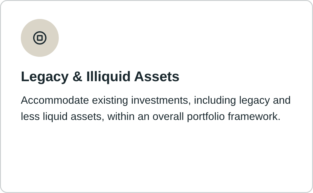 Slide titled "Legacy & Illiquid Assets" with a description about accommodating existing investments, including legacy and less liquid assets, within a portfolio framework.