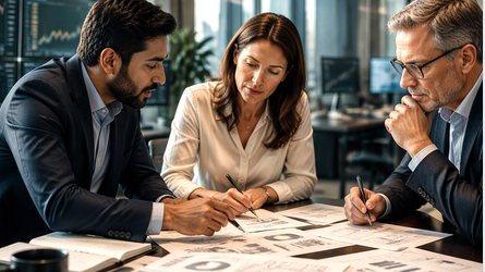 Three business professionals in an office discussing documents around a table.