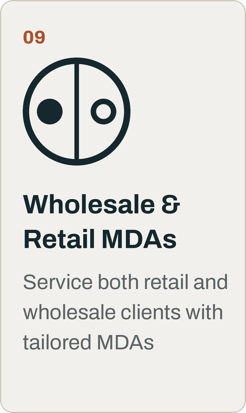 Sign promoting wholesale and retail MDAs, with a diagram of a circle split in half, one side with a black dot and the other with a white dot, and text describing the service for wholesale and retail clients.