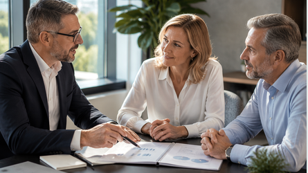 Three people having a business meeting at a table with documents