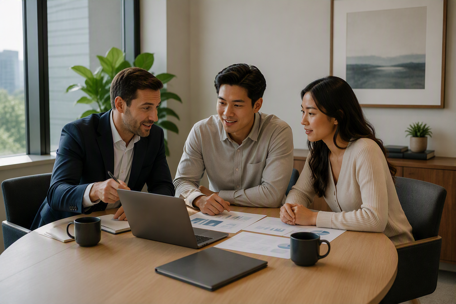 Three people having a business meeting in a modern office with large window and plants, discussing documents and using a laptop.