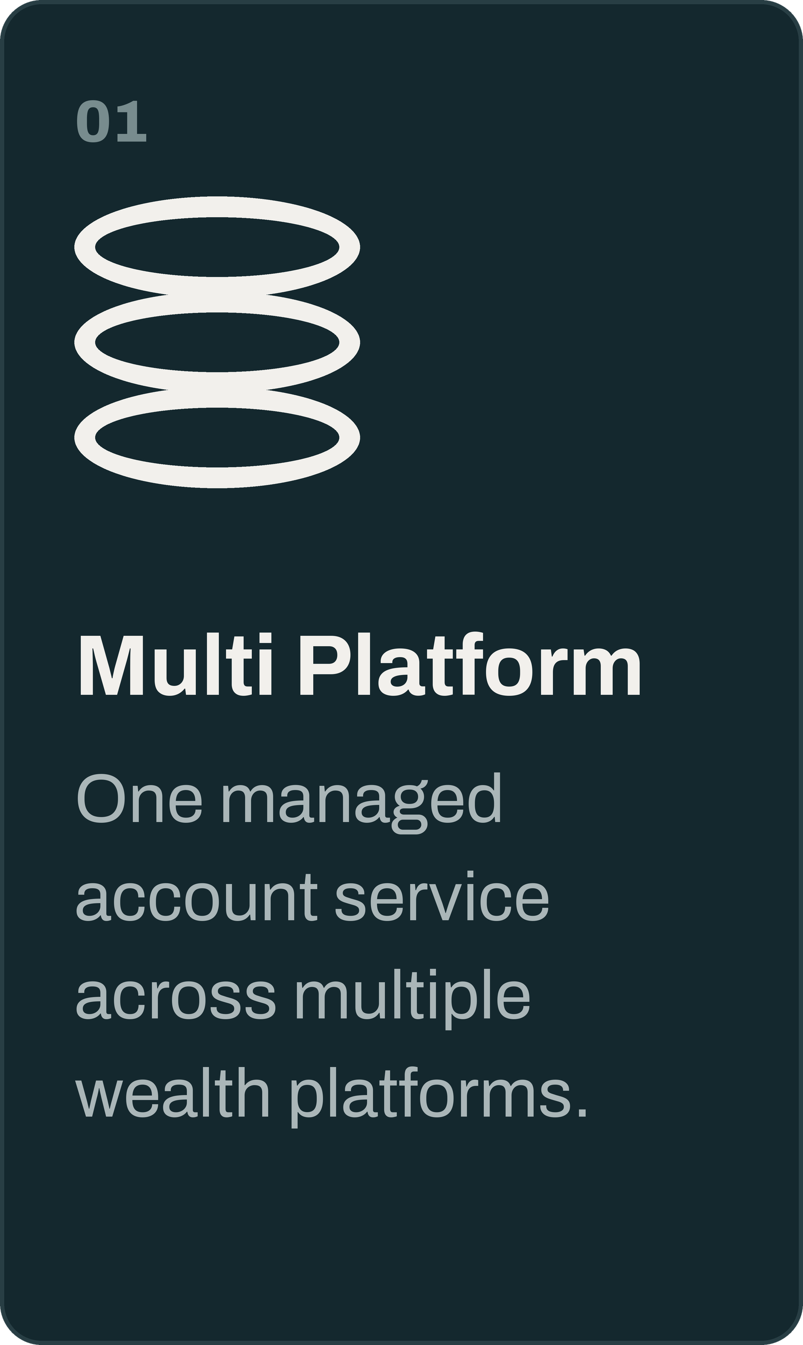 A digital graphic with a dark background, featuring a white geometric icon at the top and the text '01 Multi Platform' followed by a description of a managed account service across multiple wealth platforms.