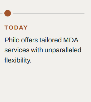 Text overlay reads: 'Today. Philo offers tailored MDA services with unparalleled flexibility.'