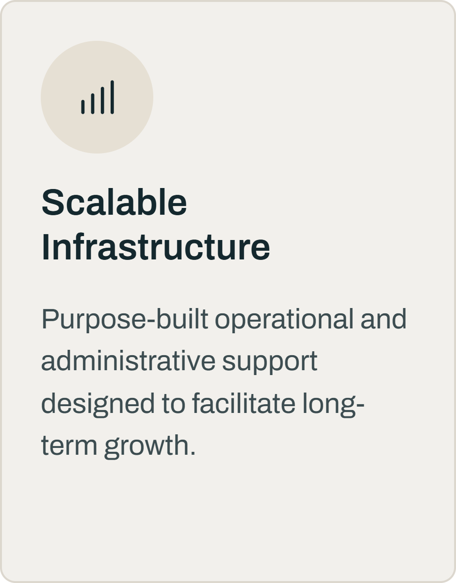 Digital card with a signal icon and the words "Scalable Infrastructure" and a description about purpose-built support for long-term growth.