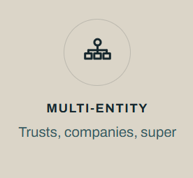 Icon of stacked blocks representing multi-entity, with the text 'MULTI-ENTITY' and subtitle 'Trusts, companies, super'.