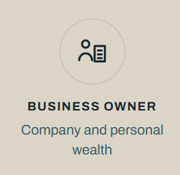 Icon of a person with a checklist, representing a business owner, with the text 'Business Owner' and 'Company and personal wealth'.