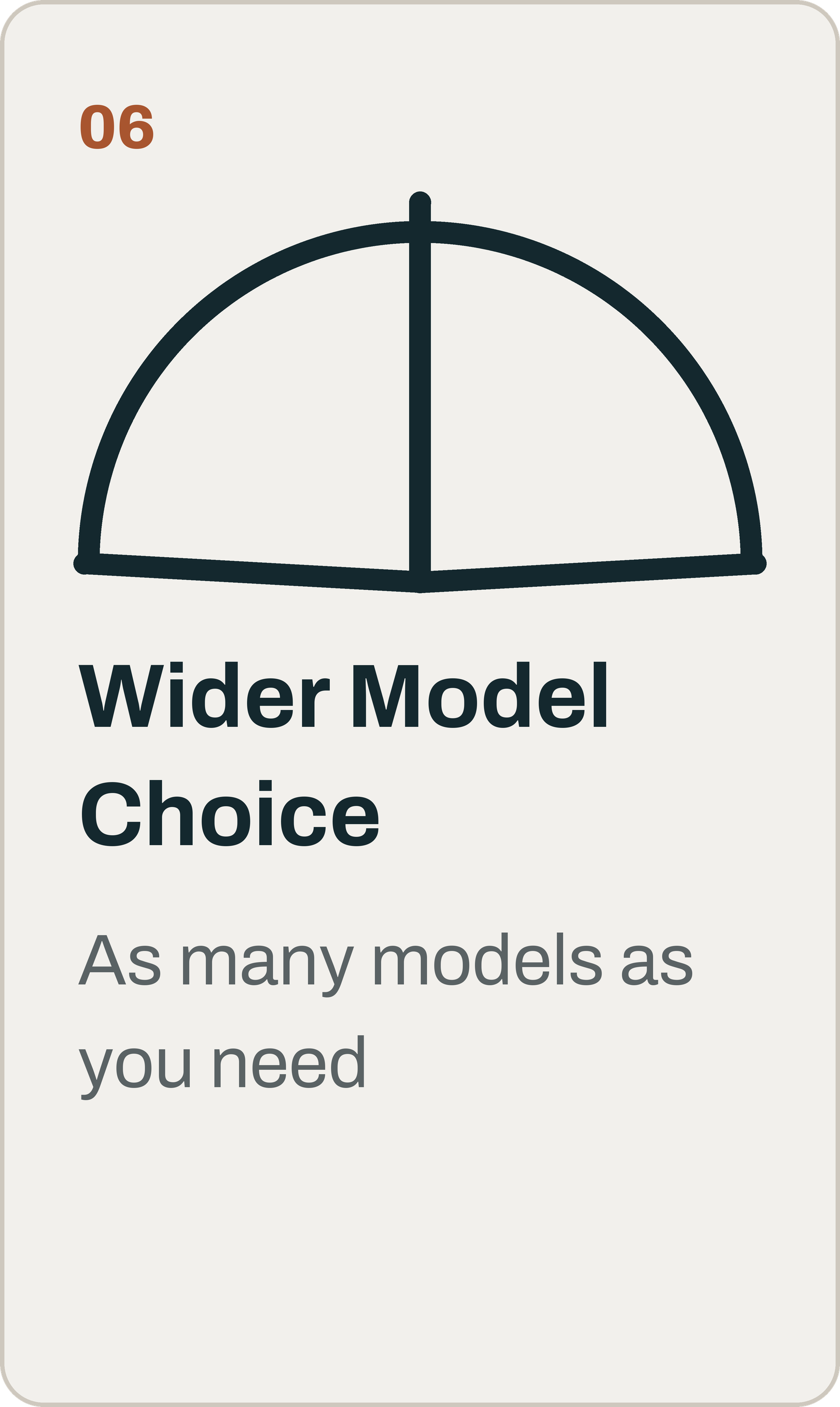 Graphic showing a semi-circular arch with the label "Wider Model Choice" and the number "06" in the upper left corner, along with the text "As many models as you need" below.