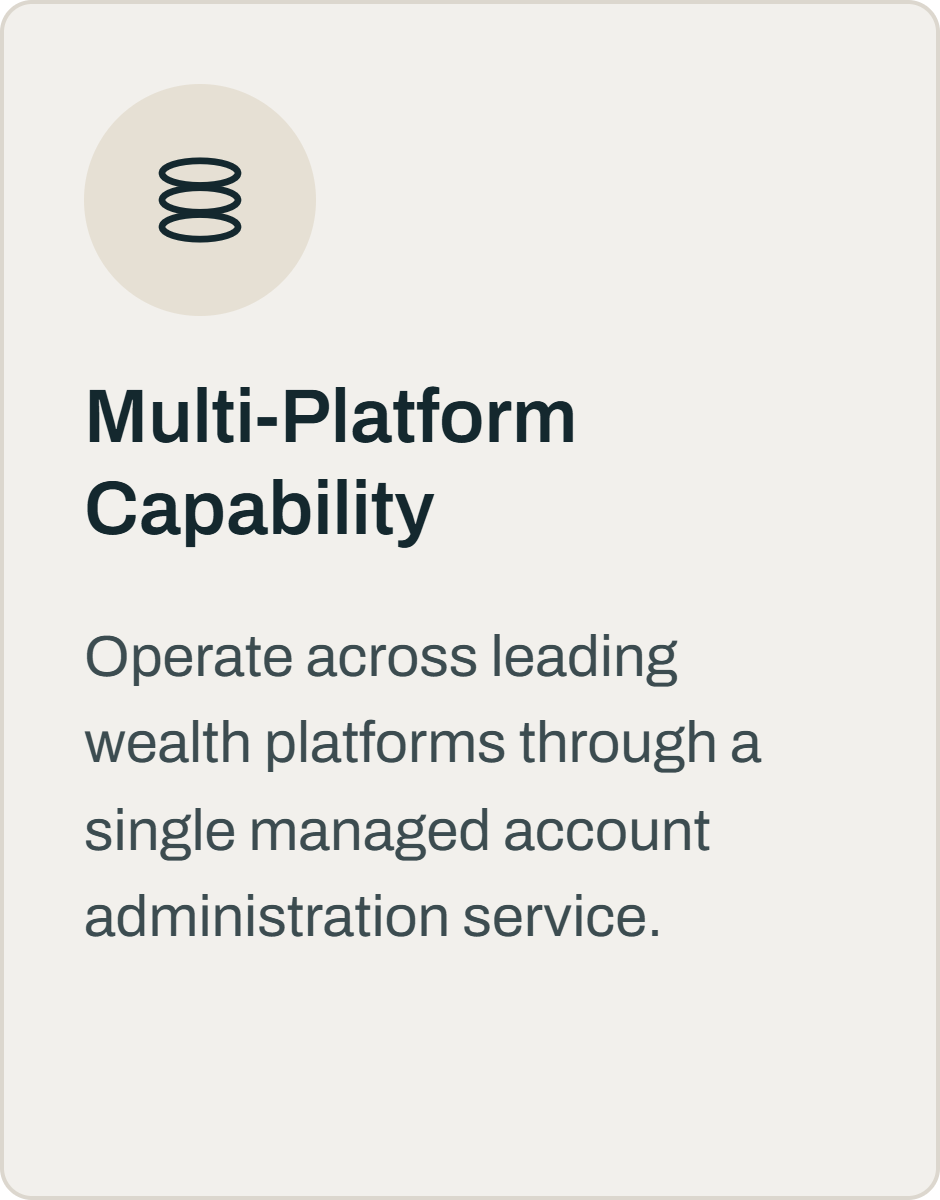 Graphic with an icon of a stack of coins and text that reads 'Multi-Platform Capability. Operate across leading wealth platforms through a single managed account administration service.'