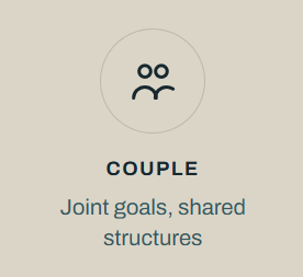 Icon representing a couple, above the word 'COUPLE' with the description 'Joint goals, shared structures.'