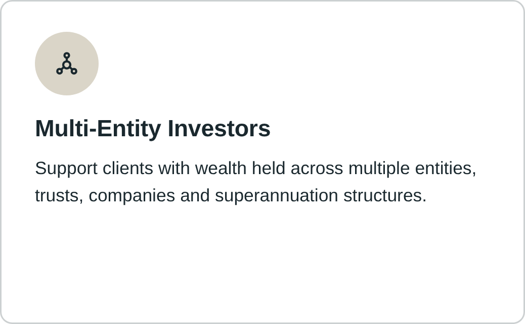 A digital graphic with a beige icon of interconnected nodes and text reading "Multi-Entity Investors" and supporting details about managing wealth across multiple entities like trusts and companies.