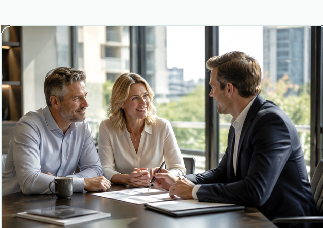 Three businesspeople having a meeting in a modern office with large windows and city view.