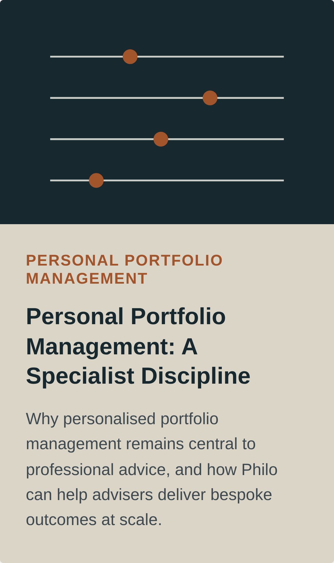 Graphic with four horizontal sliders with brown knobs against a dark background, title 'Personal Portfolio Management', and text about personalized portfolio management principles.
