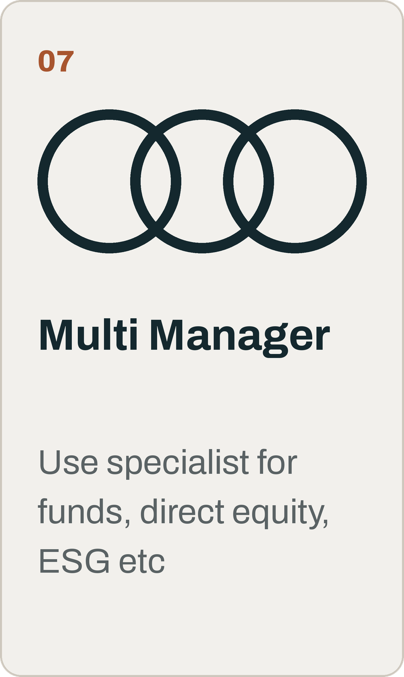 A card with the number 07 at the top left corner, an icon of four overlapping circles, and text that reads 'Multi Manager' and 'Use specialist for funds, direct equity, ESG etc'.