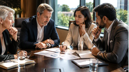 Four business professionals engaged in a discussion around a conference table with documents, glasses of water, and a large window in the background.