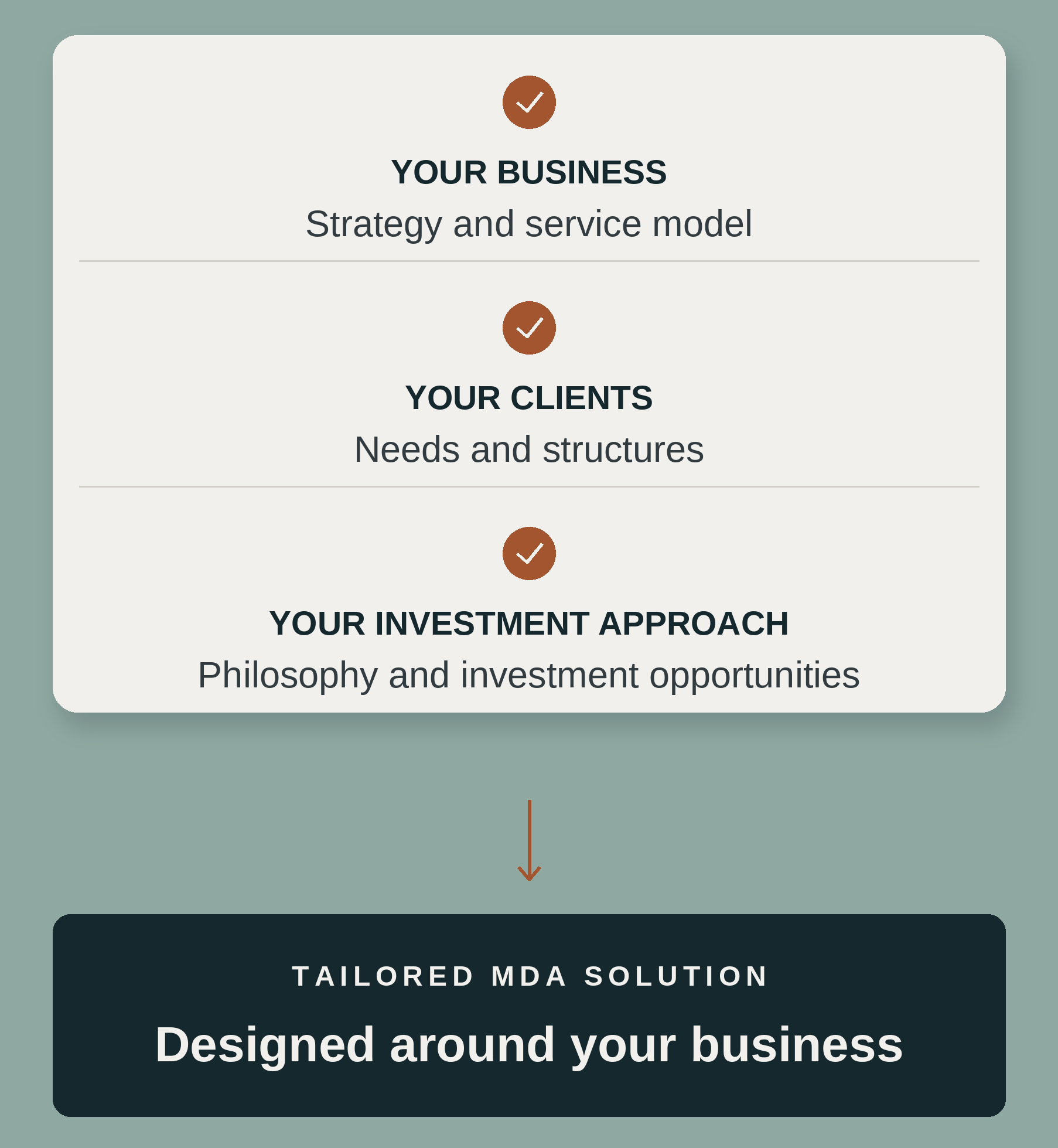 A slide from a presentation shows a business strategy outline with checkmarks next to each section, including 'Your Business', 'Your Clients', 'Your Investment Approach', and 'Tailored MDA Solution', with navigation arrows indicating scroll direction.