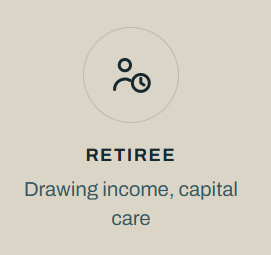 Icon of a person with a clock, representing retirement, with text about drawing income and capital care.