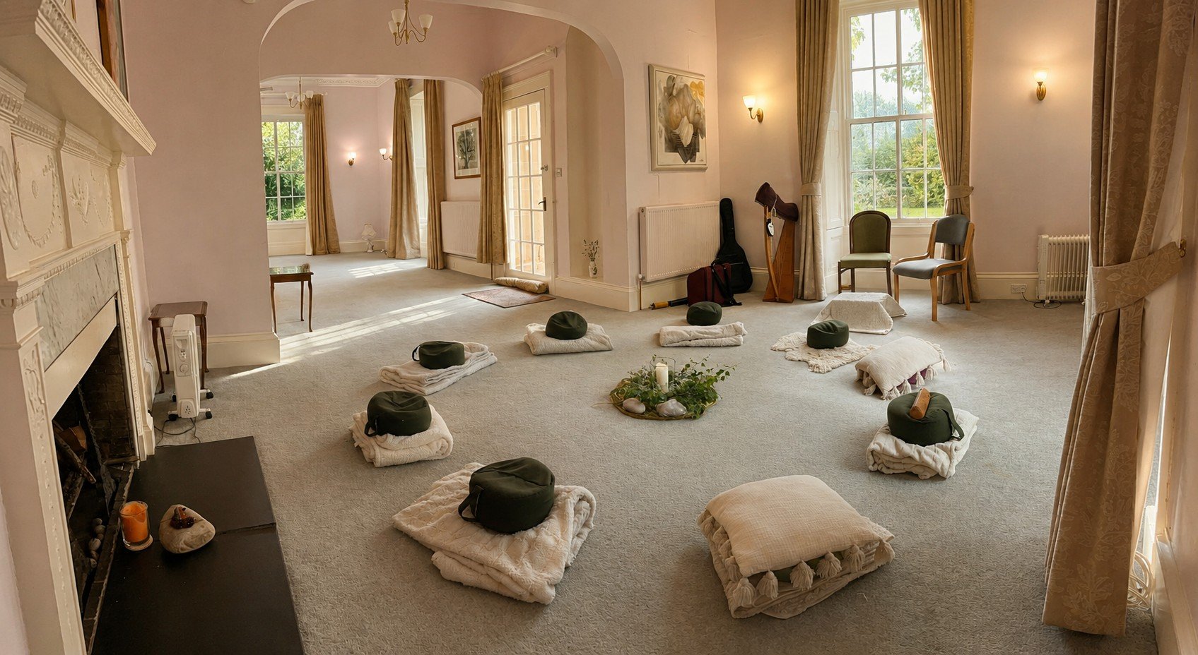 Garden Room at Cullerne House in Findhorn, with floor cushions and blankets arranged in a circle around a candle and greenery.